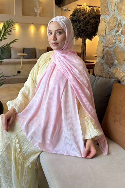 lamelif Zigzag Pattern Ayrobin Floral Jacquard Shawl Candy Pink
