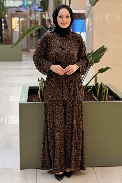 Ghisa Leopard Patterned Asymmetrical Buttoned V-Neck Cut Tunic Trousers Set
