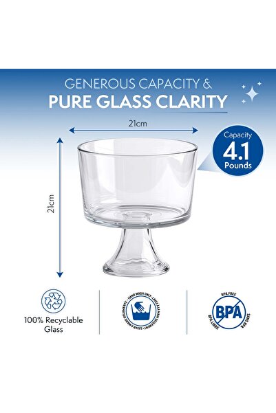 Anchor Hocking Clear Glass Trifle Bowl 21cm Large Footed Dessert Serving Bowl 4.1 lb Capacity for Fruit Parfaits Desserts BPA Free