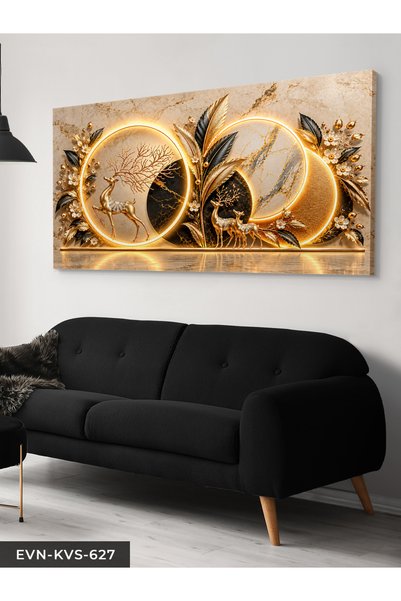 Evinemoda Gold Siyah Yapraklar ve Geyik Tek Parça Işıksız Kanvas - Canvas Tablo
