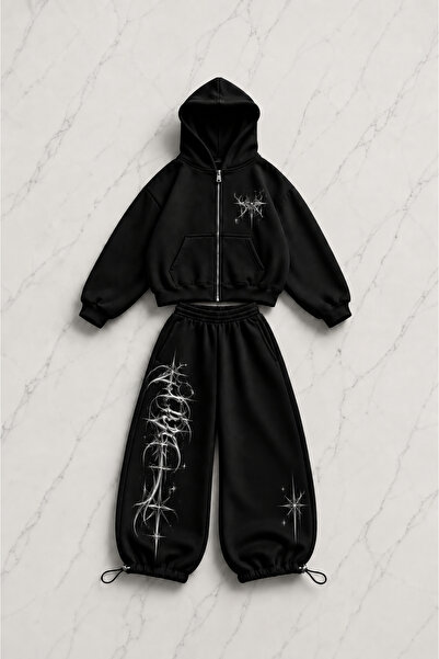 Gofeel Celestial Graphic Printed Black Oversize Cardigan & Sweatpants Set