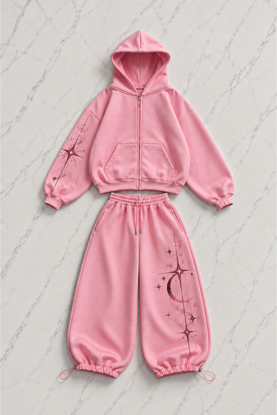 Gofeel Butterfly Printed Pink Oversize Cardigan & Sweatpants Set