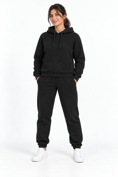 ODİN ATLAS Winter 3 Thread Black Women's Tracksuit Set with Hood, Side Pockets and Fleece Inside
