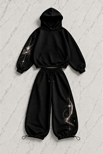 Gofeel Star Graphic Printed Black Oversize Hoodie & Sweatpants Set