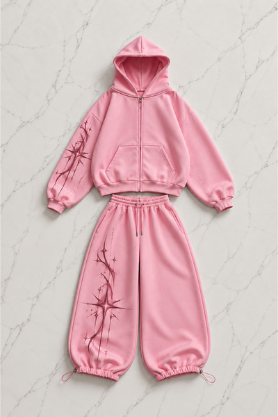 Gofeel Star Graphic Printed Pink Oversize Cardigan & Sweatpants Set