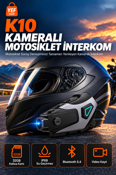 YEF SHOP Kameralı Motosiklet İnterkom IPX8 Su Geçirmez Bluetooth 5.4 - DVR Vi...