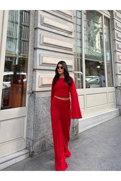 MODAMERSİ Women's Red Spanish Sleeve Blouse Pants Bottom Top Set