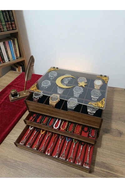 Kişiye Özel Cam Kapaklı 3 Katlı Ahşap 20Adet Tesbih ve 12 Adet Yastıklı Saat Kutusu