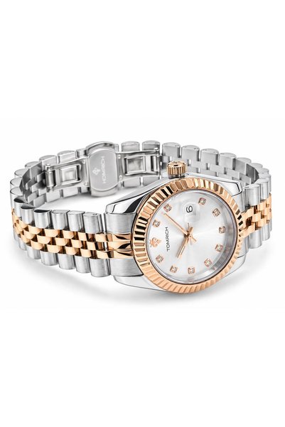 TOMRICH VALERIA TRS2543L Women's Analog Watch, Two-Tone Silver & Rose Gold, Crystal Markers, Date Window