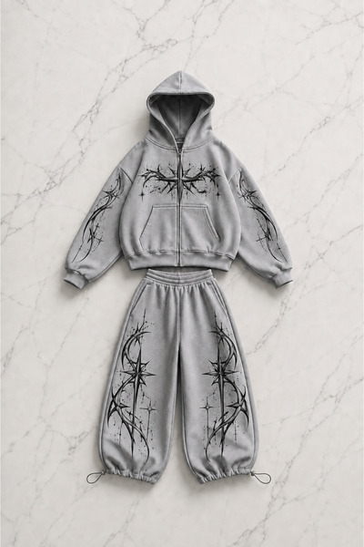 Gofeel Star Legend Printed Gray Oversize Cardigan & Sweatpants Set
