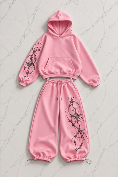 Gofeel Floral Graphic Printed Pink Oversize Hoodie & Sweatpants Set