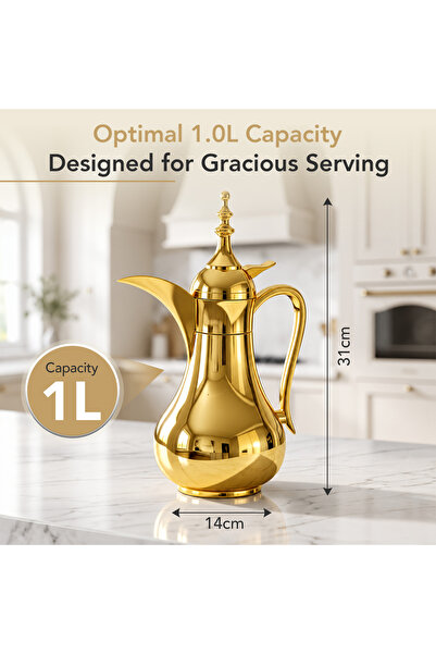 Xtra V0629GG Stainless Steel Vacuum Flask 1L Gold Double Wall Insulated Dallah for Coffee and Tea