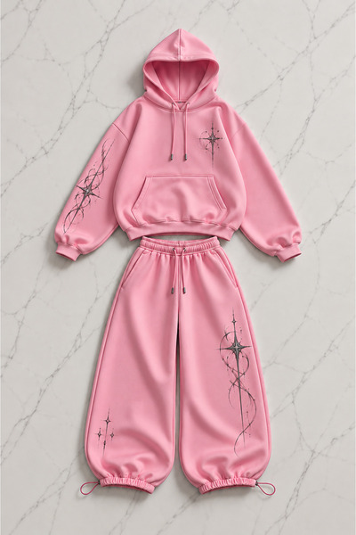 Gofeel Star Star Printed Pink Oversize Hoodie & Sweatpants Set