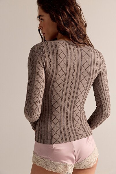 Urban Outfitters Long Sleeve Jacquard Textured Seamless Modal Light Brown Blouse
