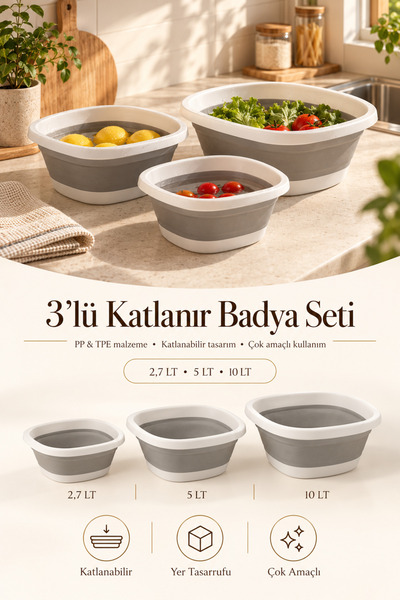 Poomy 3'lü Katlanabilir Badya Seti Gri Beyaz Silikon Leğen Çamaşır Bulaşık Sebze Meyve Yıkama Kabı Yer Tasarruflu⁠