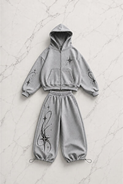 Gofeel Star Printed Gray Oversize Cardigan & Sweatpants Set