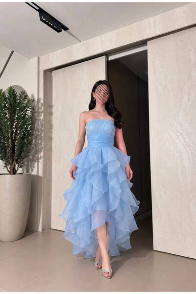 BAKLAFASHO Strapless Evening Gown with Beaded Bodice and Short Front Long Bac...