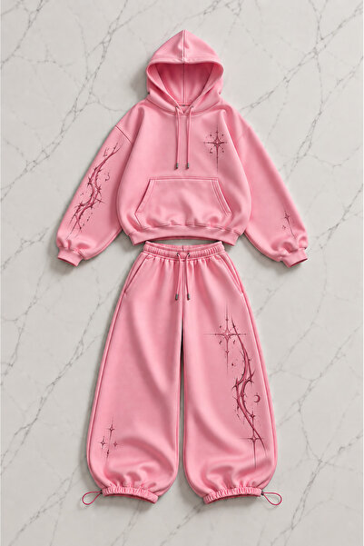 Gofeel Star Graphic Printed Pink Oversize Hoodie & Sweatpants Set
