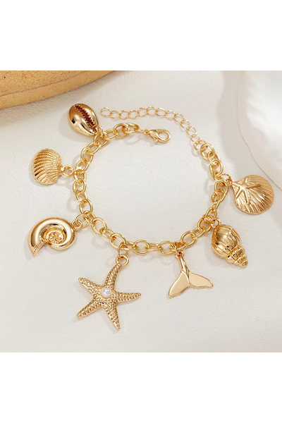 Choice D Minimalist Ocean Theme Charm Bracelet, Gold Tone Starfish & Shell Pe...