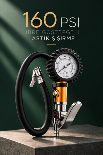 Badem10 160 PSI İbre Göstergeli Lastik Şişirme Tabancası 1/4" Hava Girişli 12...