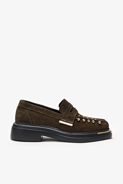 Louis Cardy Ophira Χακί Δερμάτινο Loafer με Λεπτομέρεια Piercing από Σουέντ