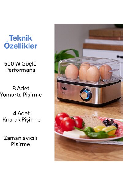 Fakir Eggy Master Yumurta Pişirici - 8 Yumurta Kapasitesi, 500 W Güç, Paslanmaz Çelik Gövde, Sert ve Yumuşak Pişirme Seçenekleri