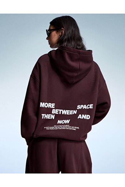 Bordo Baskılı Kapüşonlu Sweatshirt Oversize Unisex Hoodie