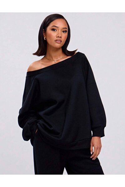 trendgar Siyah Bol Asimetrik Yakalı Sweatshirt/ WideLeg/Geniş Paça Alt Eşofman Takımı