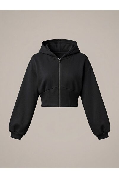 Genel Markalar Kadın kapüşonlu fermuarlı korse detaylı sweatshirt hırka