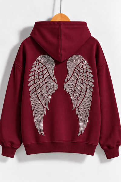 dwnwear Kadın Wing Taş Baskılı Kapüşonlu Oversize Sweatshirt