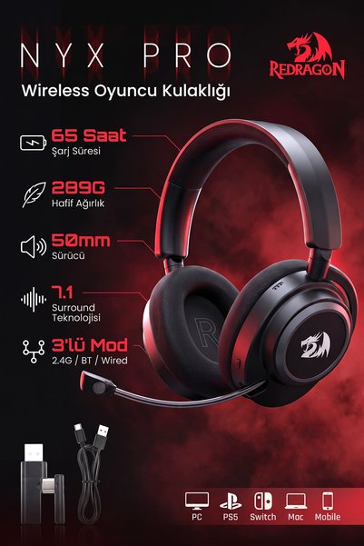 REDRAGON BT-2.4G-Wired 7.1 Sound ANC Kablosuz Oyuncu Kulaklık H891