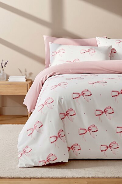 Rivaİstanbul Ribbon Patterned Breathable Cotton Double Duvet Cover Set