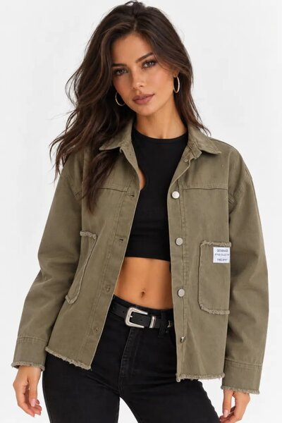 Cool & Sexy Oversize Denim Jacket with Pocket and Badge Detail – Khaki