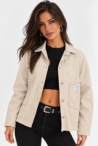 Cool & Sexy Oversized Denim Jacket with Pocket and Badge Detail – Ecru