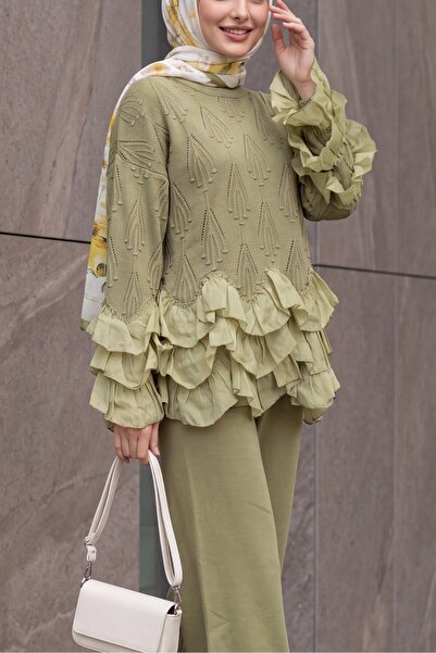 Modamorfo Crew Neck Ruffle Detailed Waist Tie-Up Trouser Knitwear Set - Khaki