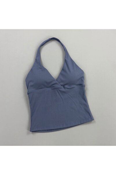 Choice M Navy Blue Women Halter Cropped Tank Top V‑Neck Built‑in Padded Bra S...