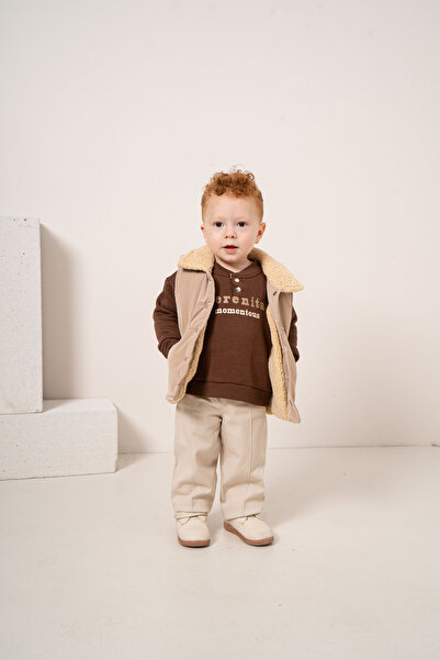 JNF kids Erkek Bebek & Çocuk İçi Peluş Şişme Yelekli Sweat ve Pantolon 3'lü T...