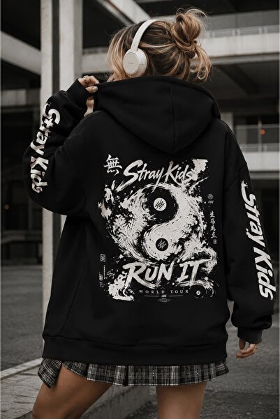 Stray Kids Run It Baskılı Kapüşonlu Sweatshirt Siyah Oversize Unisex Hoodie