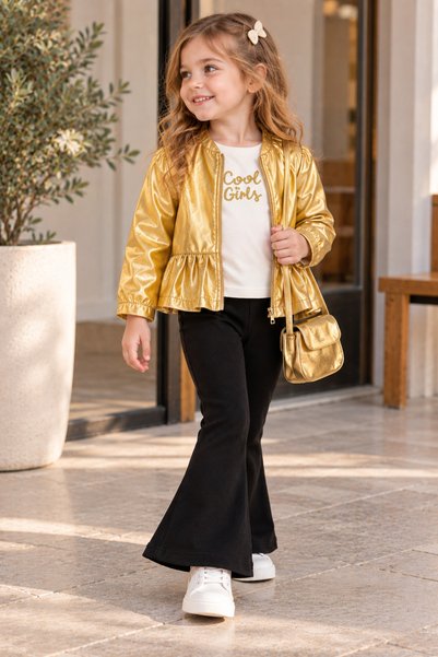 Divonette KIZ ÇOCUK GOLD RENK HIRKALI ÇANTALI 4LÜ SET TAKIM