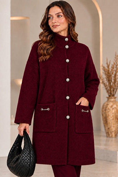 CNR TEKSTİL Women's Angora Stone Buttoned Double Pocket Long Knitwear Jacket