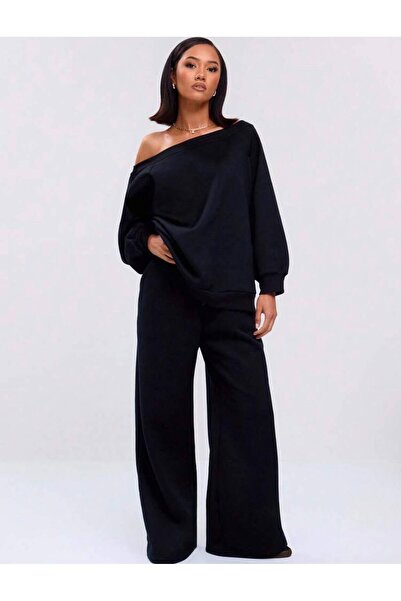 trendgar Black Loose Asymmetrical Collar Sweatshirt/ Wideleg/Wide Leg Bottom ...