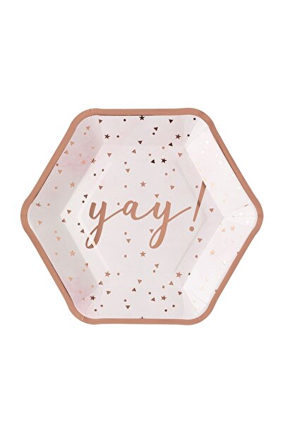 OEM Farfurii din Carton Albe Hexagonale Folie Roz Aurie 'Yay' 18cm, 6buc – pr...