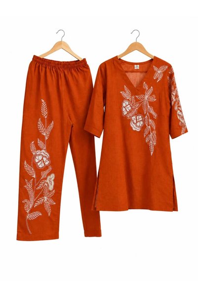 Generic Brand PURE COTTON EMBROIDERD CORD SET BURNED ORANGE COLOR FOR WOMEN SIZE M, L,XL AND XXL