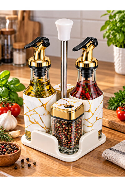 Generic Brand 5-piece set for oil, vinegar and spices with stand, white- gild...