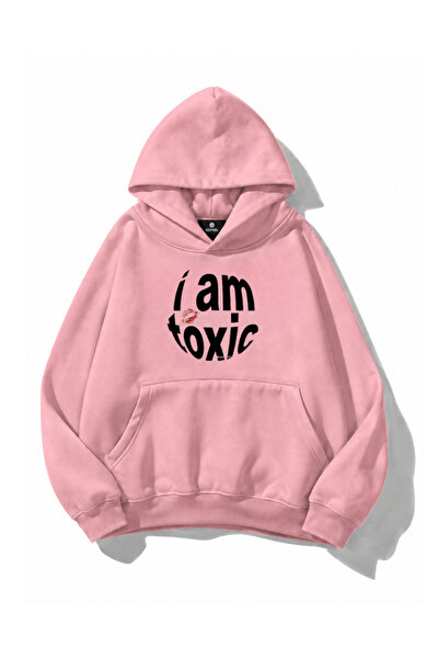 Gofeel I Am Toxic Print Detailed Oversize Pink Hoodie