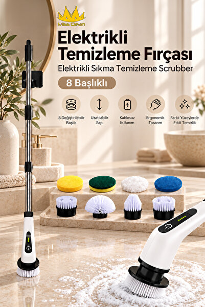 Miss Clean Elektrikli Döner Temizleme Fırçası 8 Başlıklı Şarjlı Kablosuz Uzatılabilir Saplı Çok Amaçlı Temizlik Seti