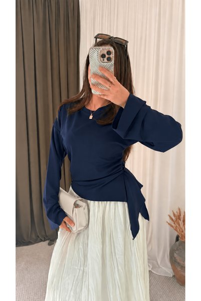 Hepsi Moda بلوزة غير متماثلة بتفاصيل درابيه - 4211 - أزرق داكن (ÖS)