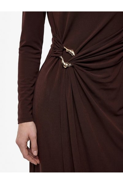 Koton X Sibil Çetinkaya - Uzun Kollu Dik Yaka Metal Aksesuarlı Slim Fit Maxi Elbise