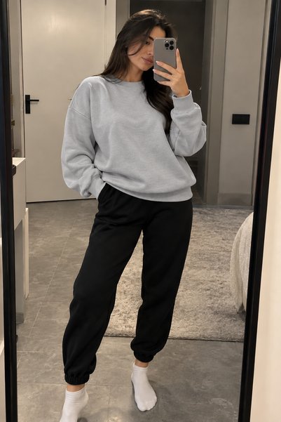 Revasser Unisex Kadın/Erkek Renkli Düz Kışlık Takım Bisiklet Yaka Sweatshirt-...
