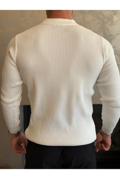 ECARTS Men's Zippered Polo Sweater White Eca096